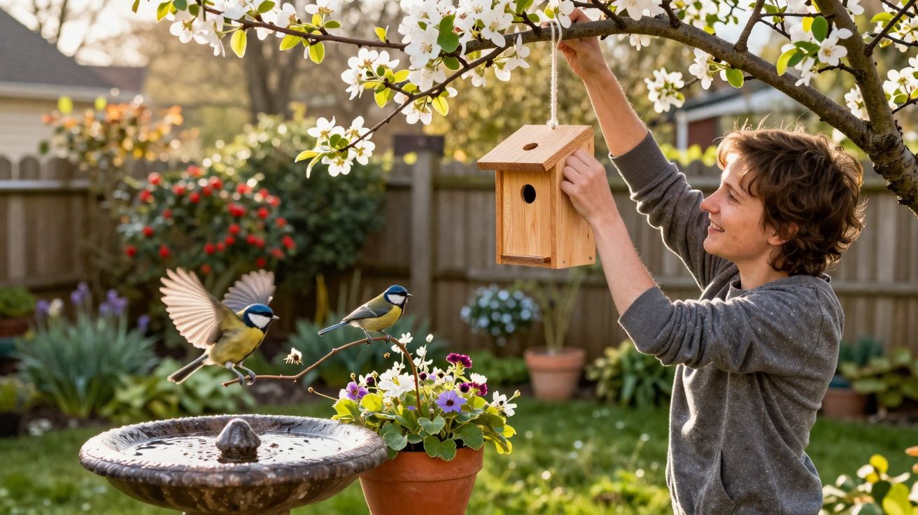 Persona coloca una caseta para pájaros en un árbol con flores blancas en un jardín soleado.