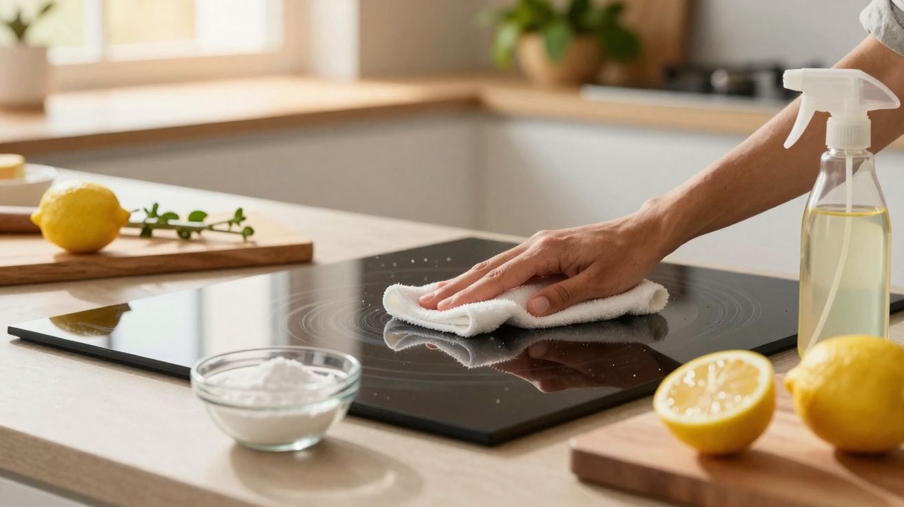 Mano limpiando una placa de inducción con un paño, limón y botella de spray sobre encimera de cocina.
