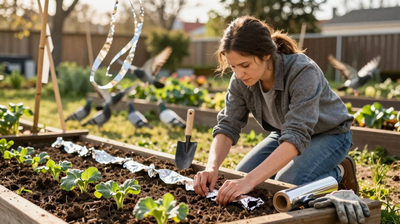 Mujer plantando y cubriendo cultivos en un huerto urbano bajo luz natural, con palas y guantes cerca.