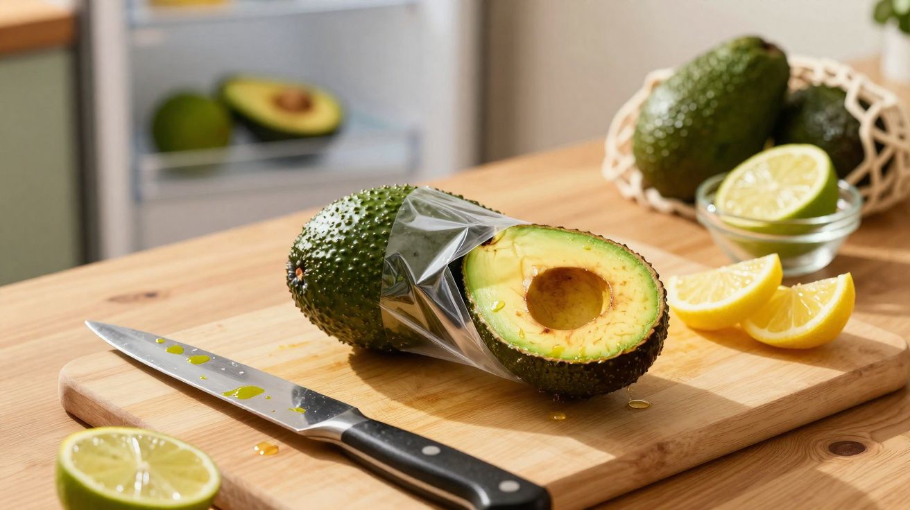 Mitad de aguacate envuelto en plástico junto a un cuchillo y rodajas de limón sobre tabla de madera.