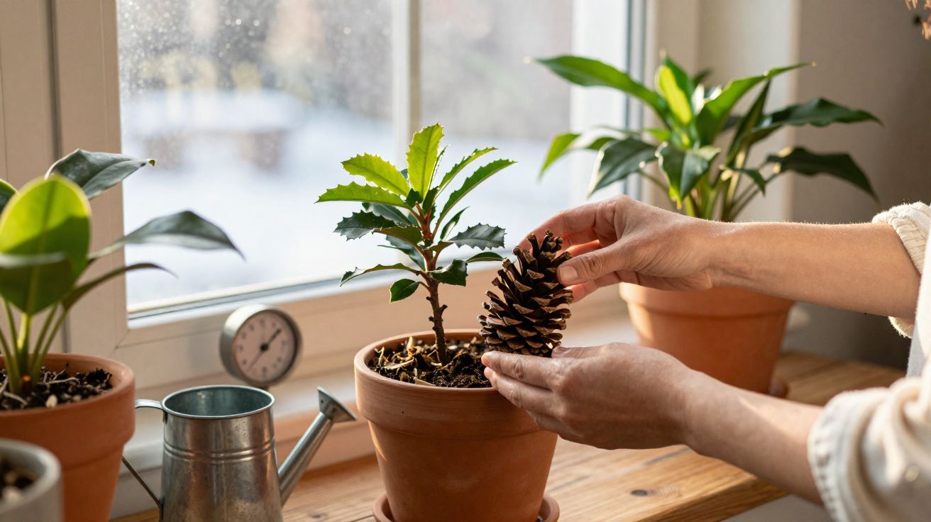 Manos sosteniendo una piña seca junto a macetas con plantas en alféizar de ventana iluminada.