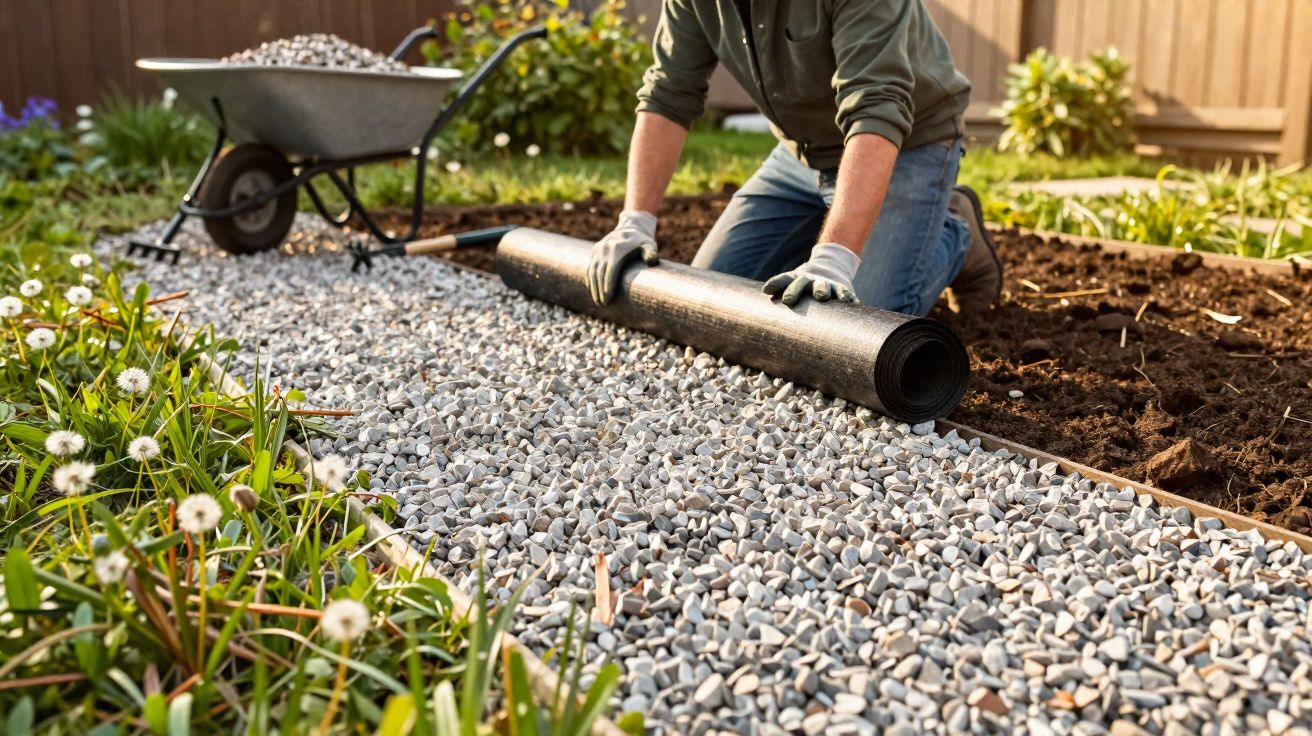 Persona instalando tela geotextil sobre grava en jardín para sendero o camino exterior.