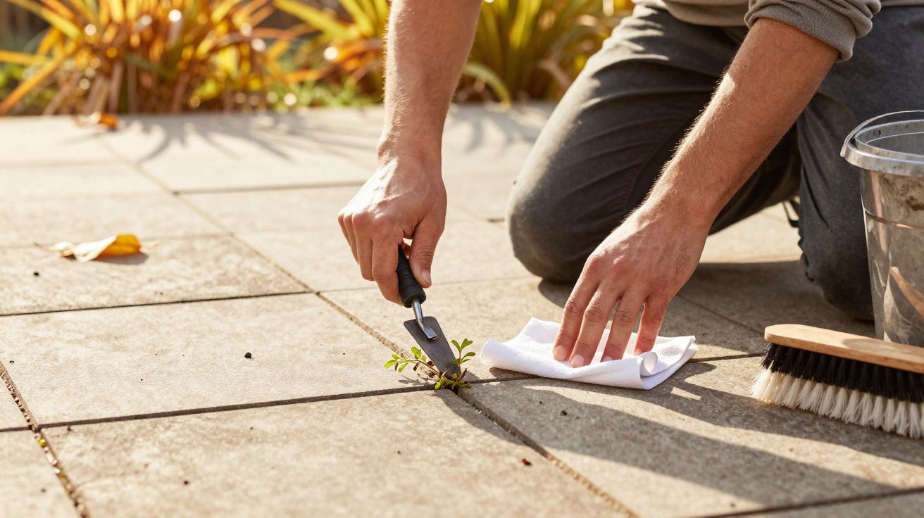 Persona eliminando malas hierbas entre las baldosas de un jardín con una pequeña herramienta de mano.