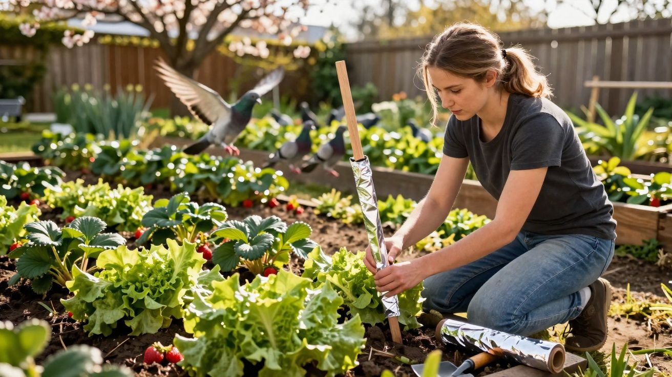 Mujer plantando en un huerto urbano rodeado de plantas y pájaros en un día soleado.
