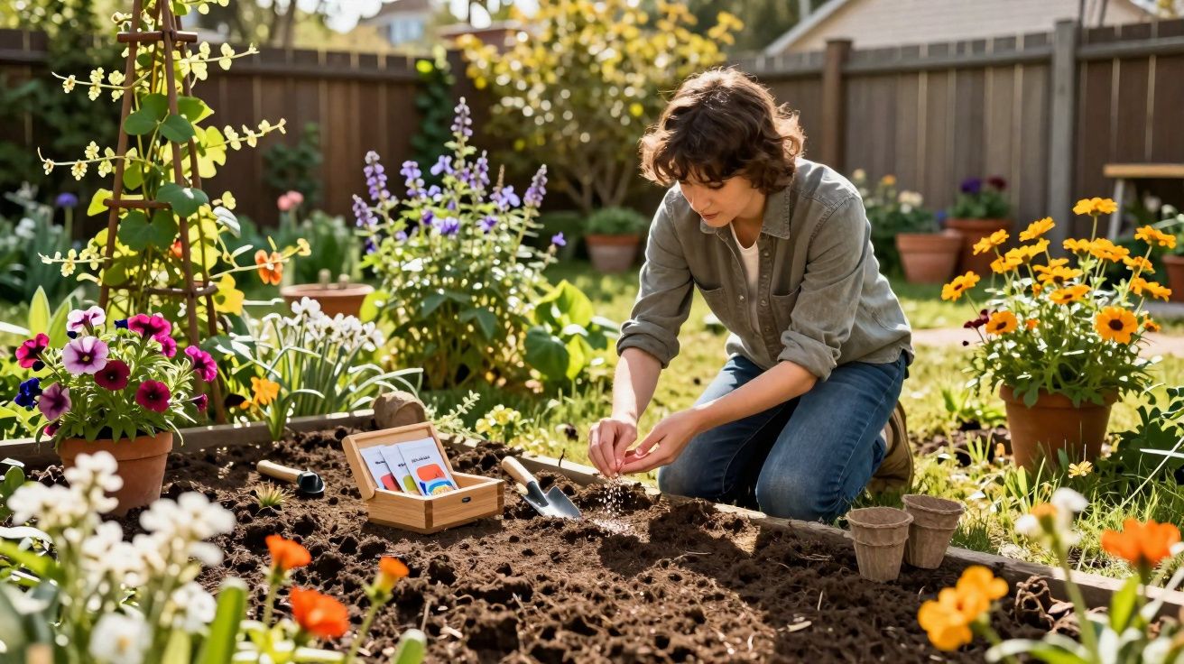 Mujer plantando semillas en huerto urbano rodeado de flores coloridas en un jardín soleado.