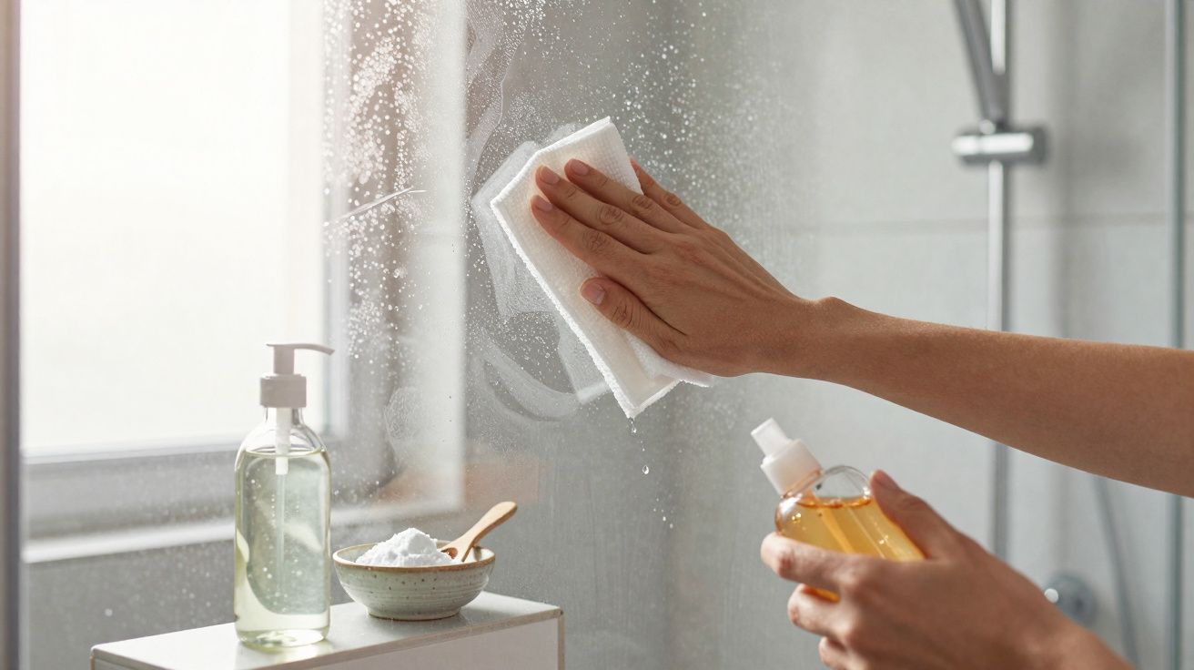 Una persona limpiando un espejo de baño con un paño, con productos de limpieza al lado.