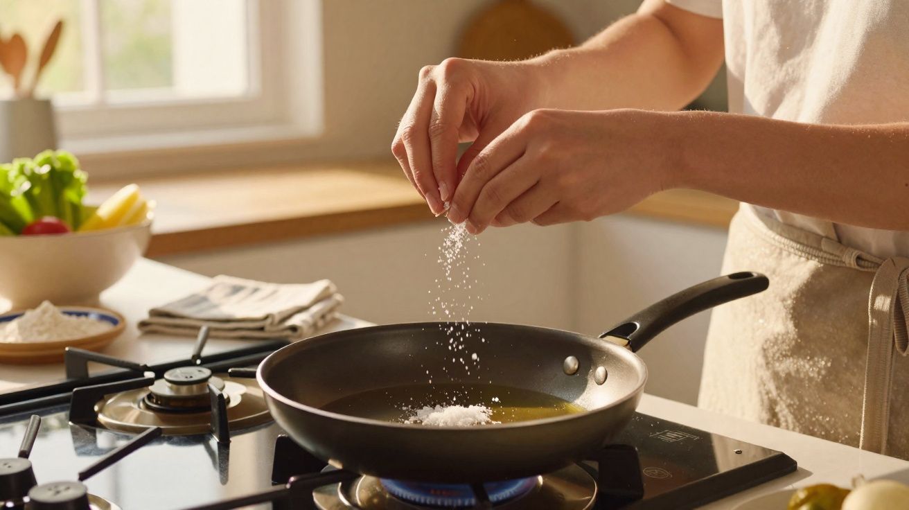 Manos espolvoreando sal en una sartén con aceite caliente sobre la cocina a gas.