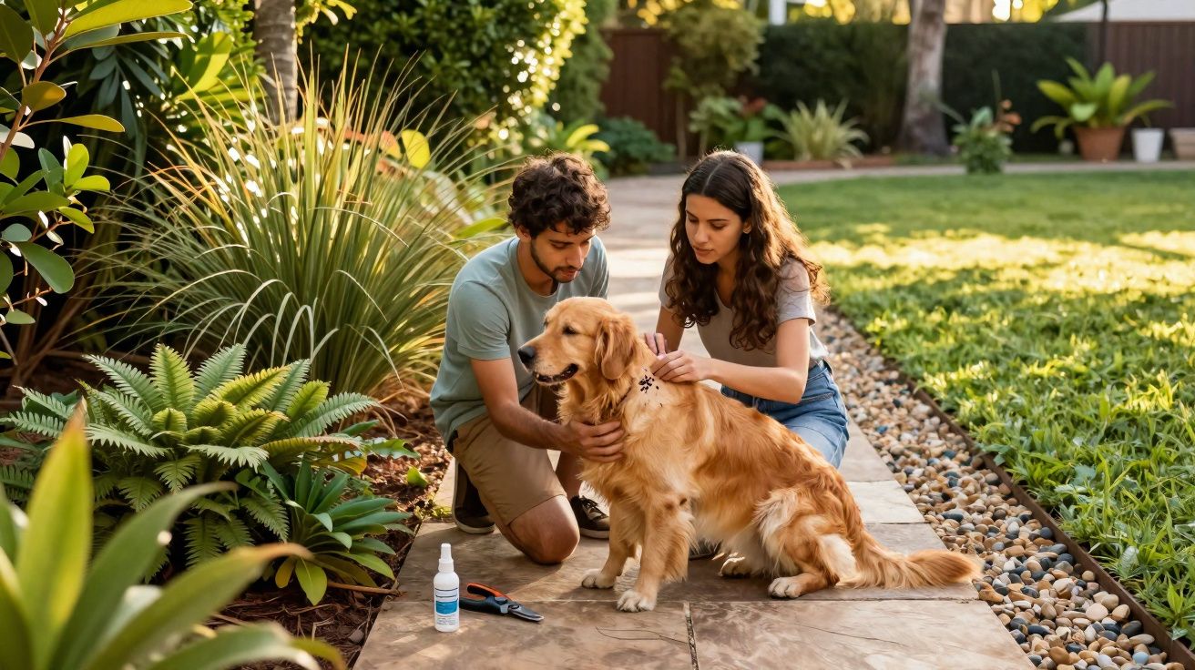 Pareja revisa garrapatas en un perro golden retriever en un jardín soleado.