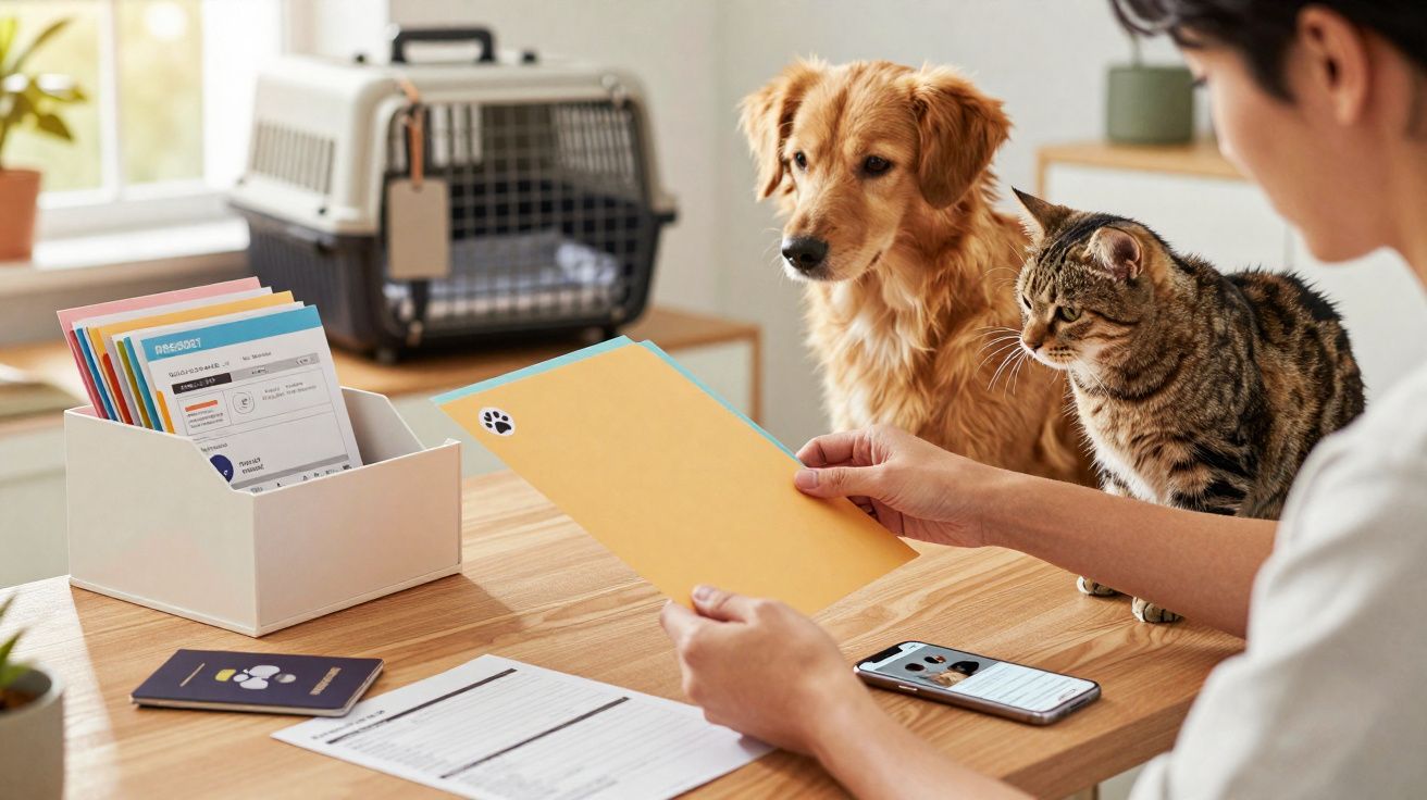 Persona revisando documentos veterinarios con un perro y un gato observando junto a una jaula de transporte.