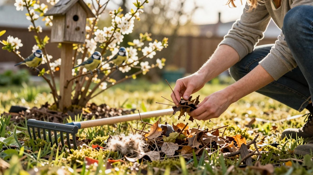 Persona recogiendo hojas secas en un jardín con pájaros y caseta de madera al fondo.