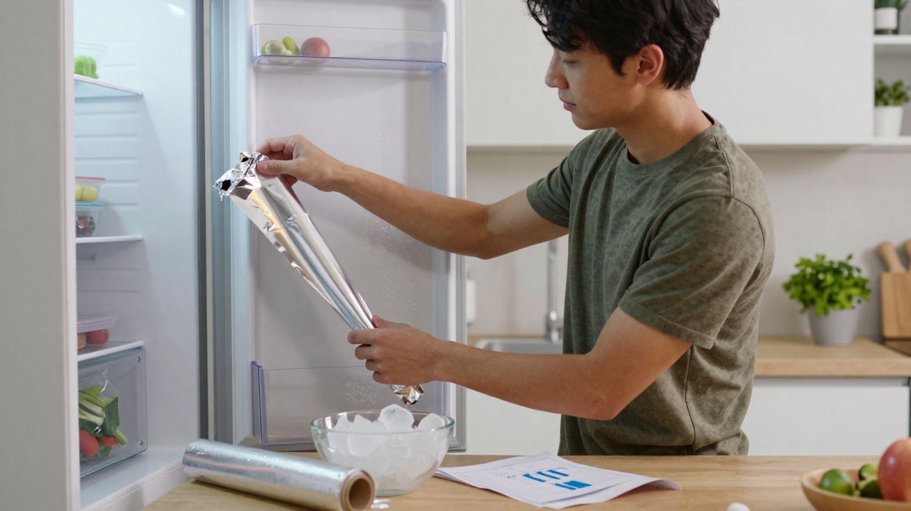 Hombre sacando papel de aluminio del frigorífico en una cocina moderna con mesa y documentos.