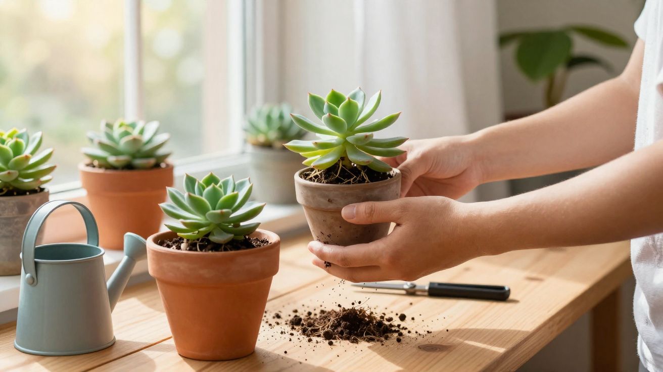 Manos trasplantando planta suculenta en maceta junto a regadera y más plantas en ventana iluminada.