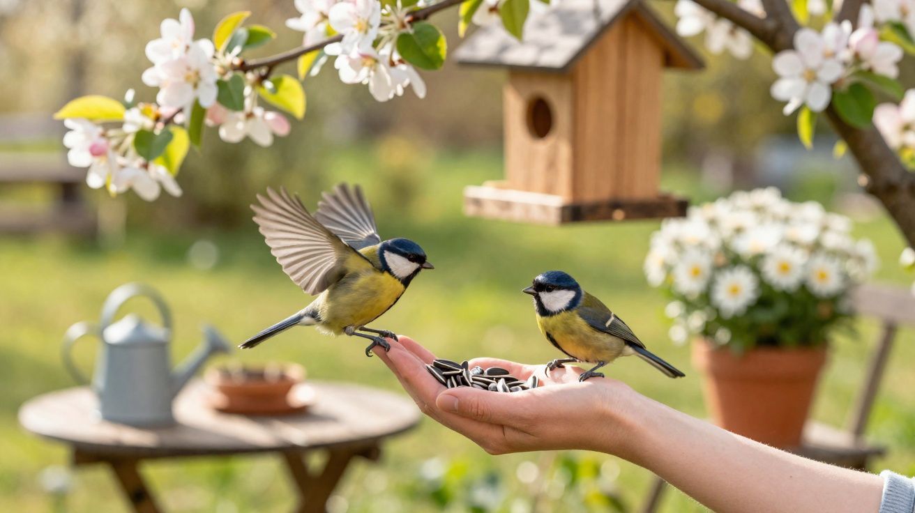 Dos pájaros comen semillas de la mano en un jardín con flores y una casita de pájaros.