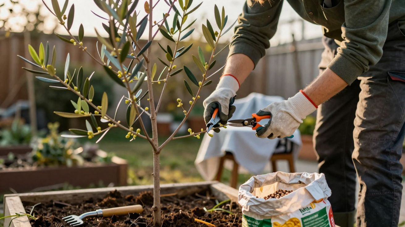Persona podando un olivo joven en un jardín con herramientas y bolsa de abono cerca.