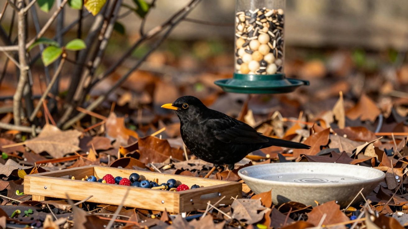 Mirlo negro posado en hojas secas junto a un comedero con frutas y semillas.