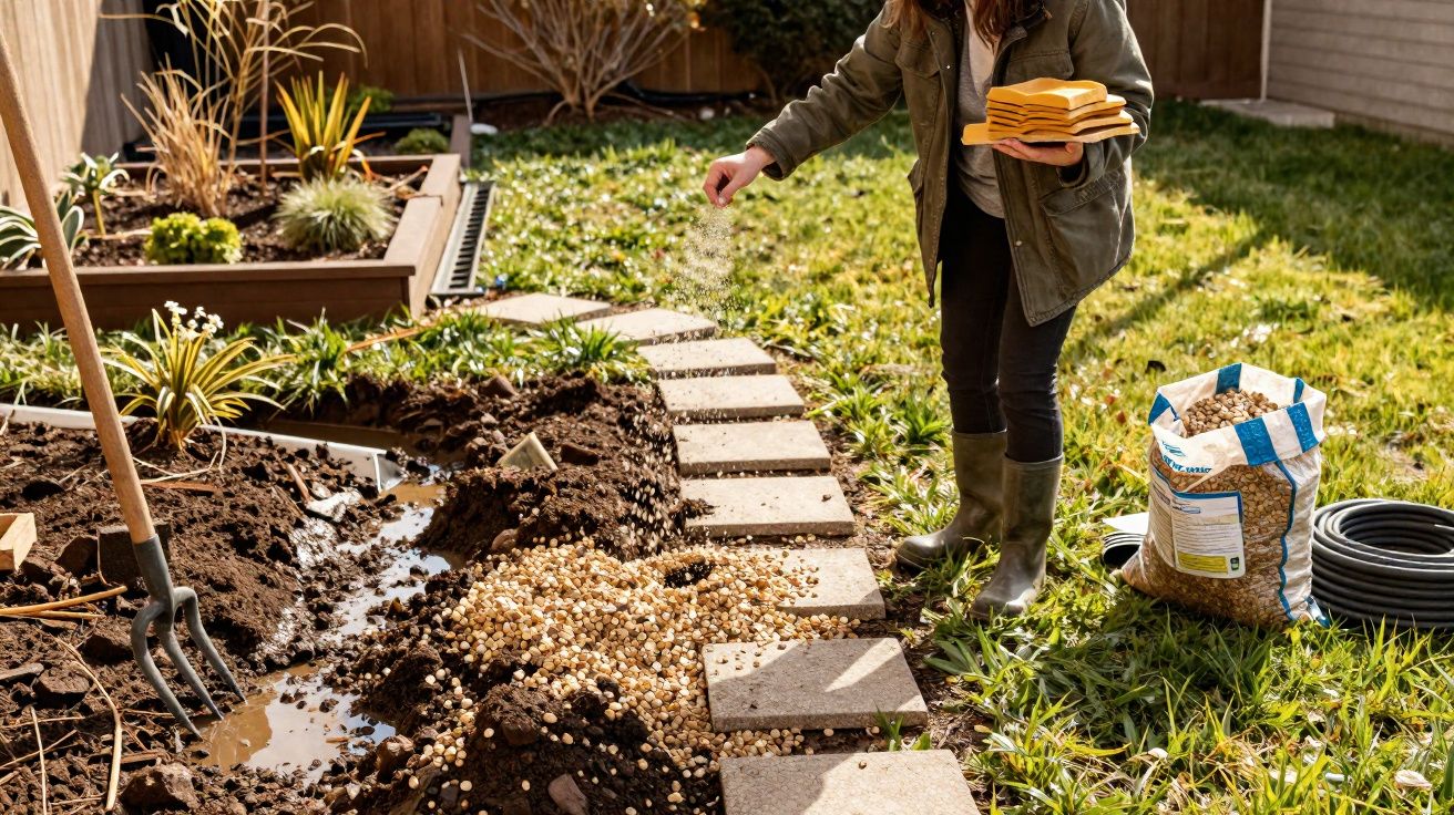 Persona esparciendo pequeñas piedras en un jardín junto a herramientas y plantas en un día soleado.