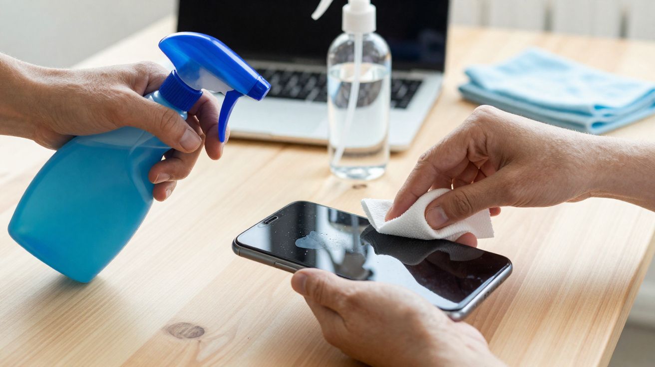 Manos desinfectando y limpiando un teléfono móvil con spray y paño en una mesa de madera.