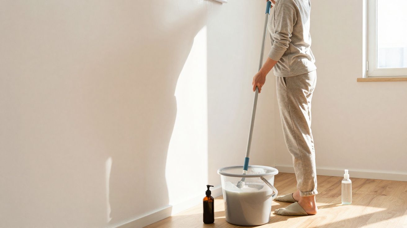 Persona de pie limpiando el suelo con una fregona junto a un cubo y productos de limpieza en una habitación luminosa.