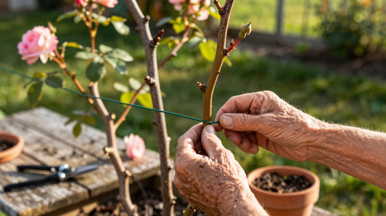 Manos atando con alambre un tallo de planta de rosas en un jardín soleado.