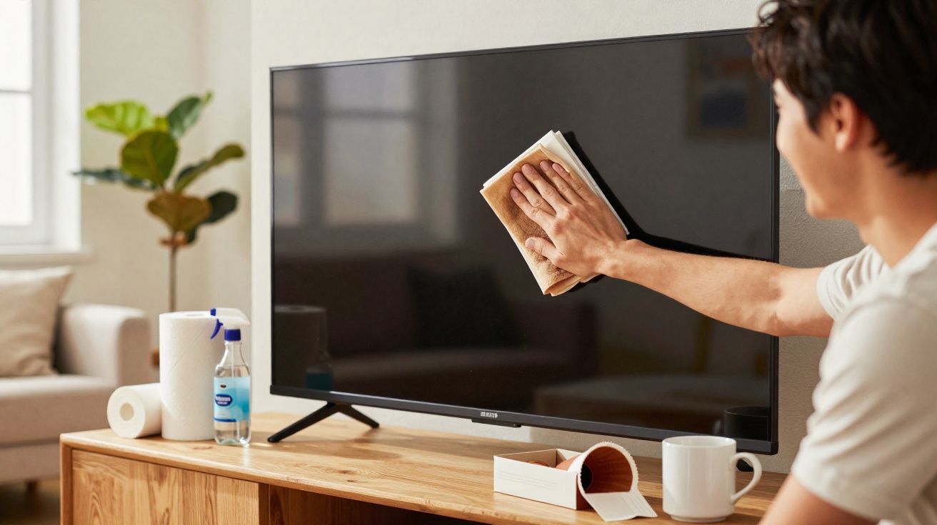 Persona limpiando la pantalla de un televisor con un paño en una sala de estar moderna y luminosa.