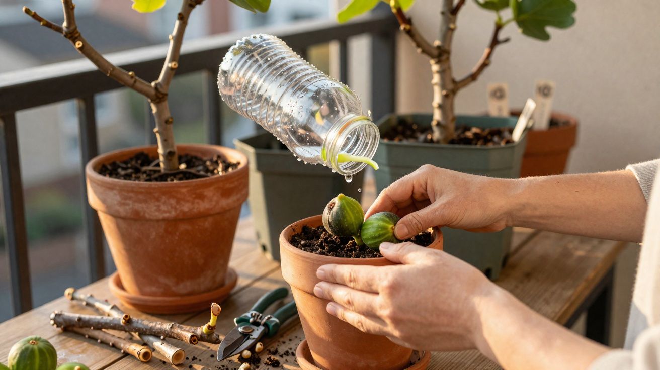 Manos plantando esquejes en maceta mientras riegan con agua desde una botella de plástico.