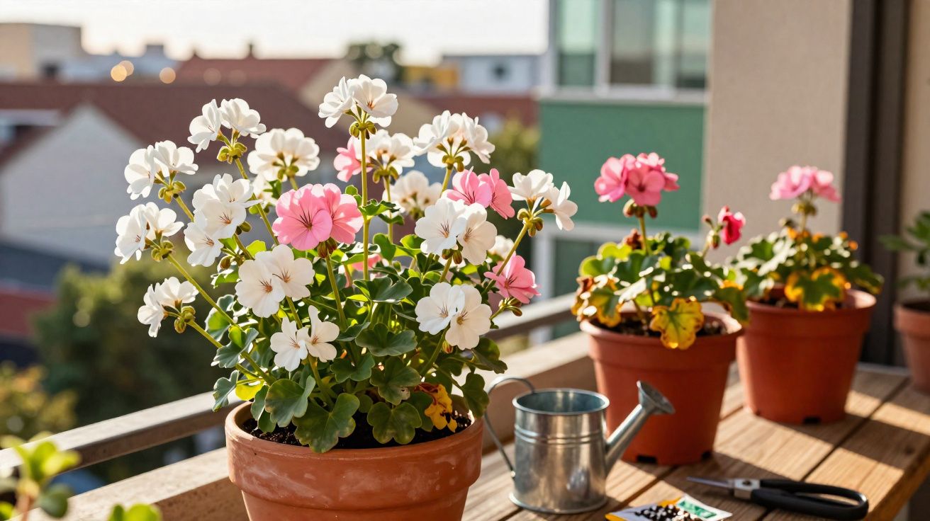 Macetas con geranios blancos y rosas sobre una mesa en un balcón soleado con regadera y tijeras.