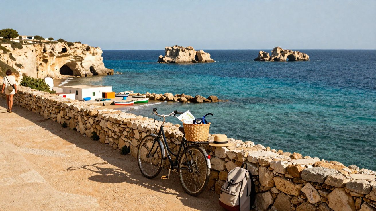 Bici apoyada en muro de piedra junto al mar con rocas y una persona caminando en un día soleado.