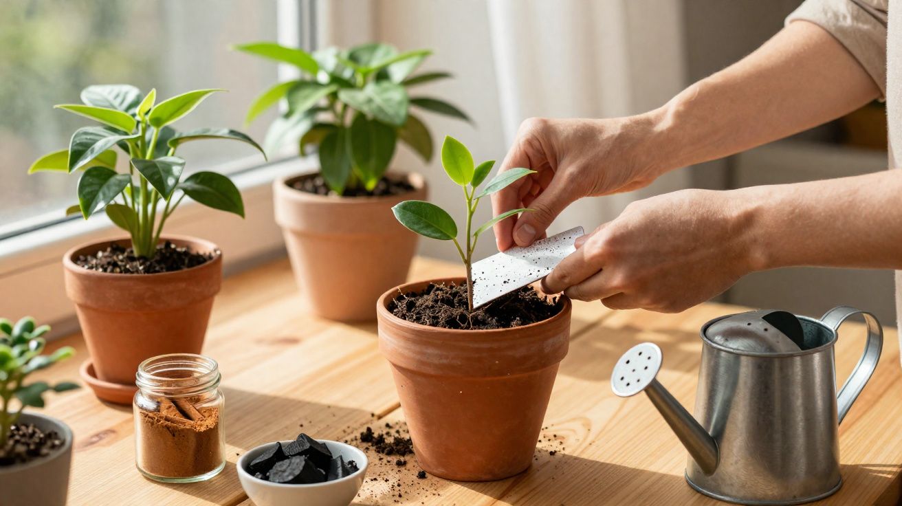 Manos cuidando una planta joven en una maceta de barro sobre una mesa con herramientas de jardinería.