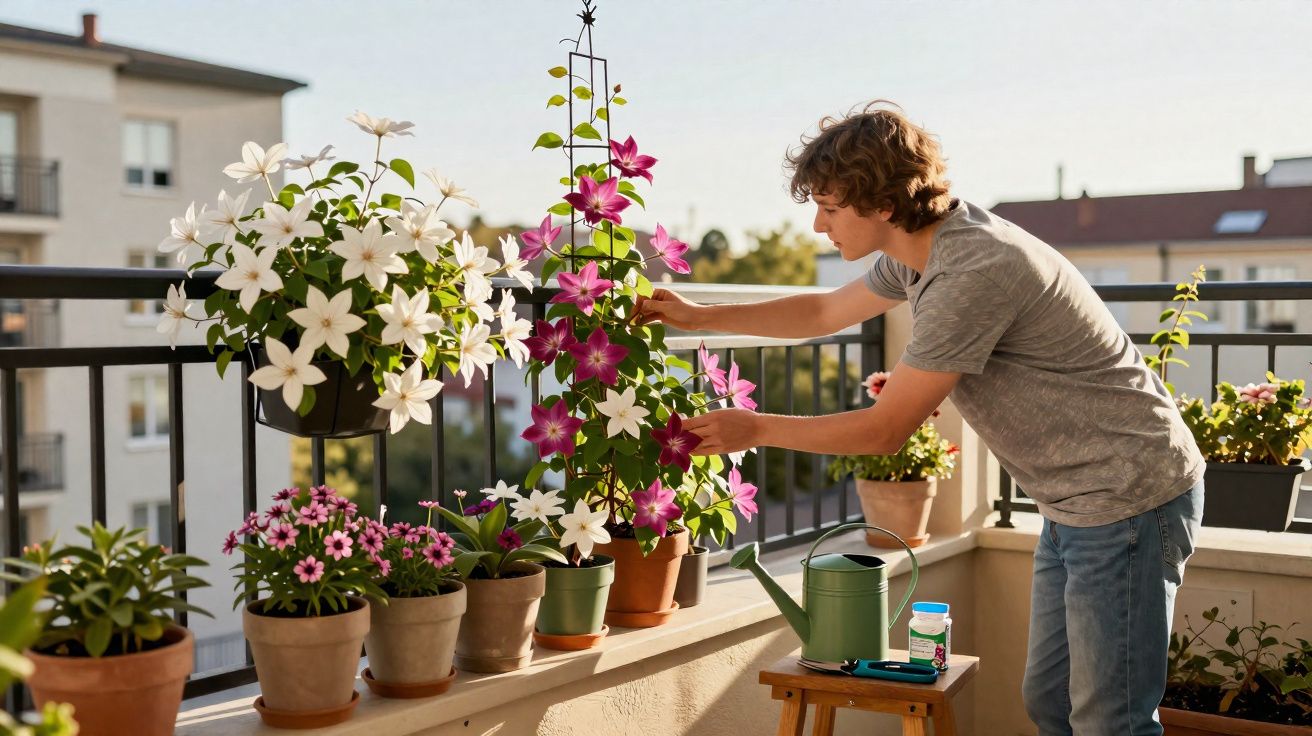 Joven cuidando plantas con flores blancas y rosas en una terraza soleada de ciudad.