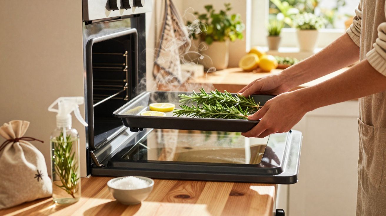 Persona sacando bandeja con ramitas de romero y rodajas de limón del horno en cocina luminosa.