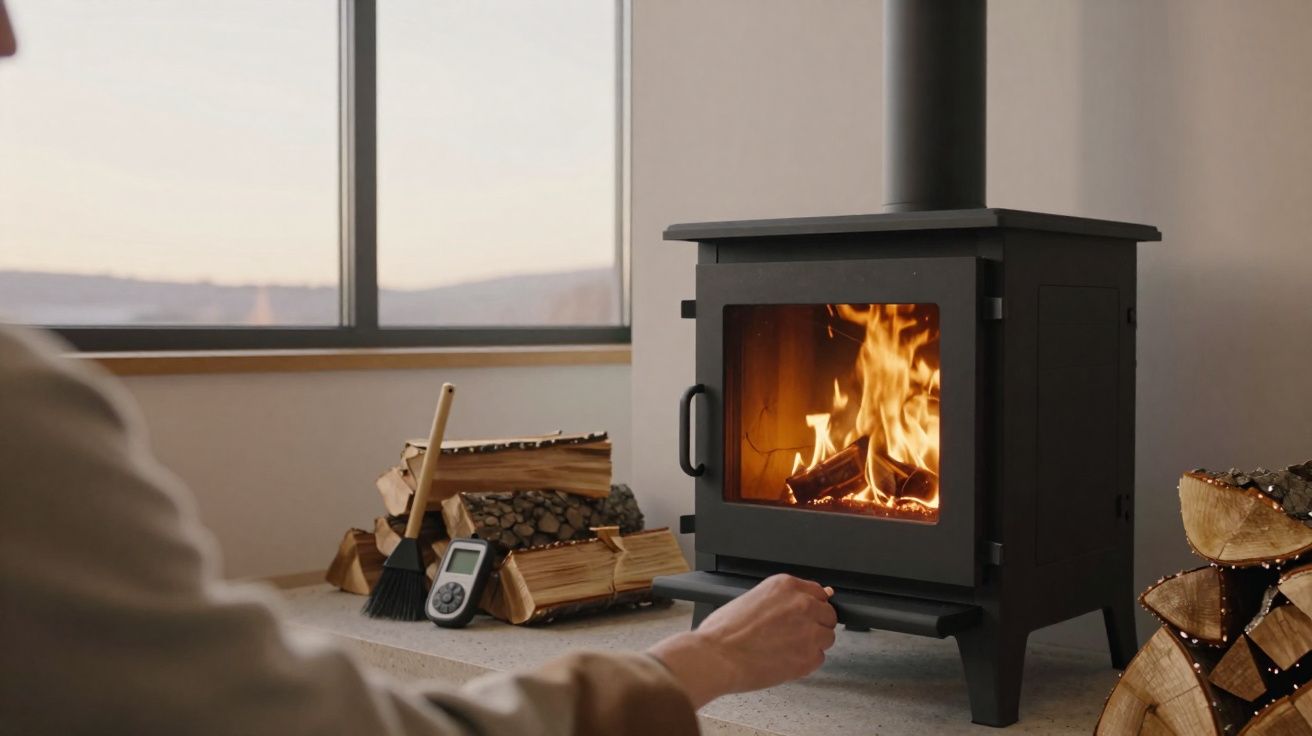 Estufa de leña encendida en una habitación con cristales grandes, troncos apilados y persona acercando la mano.