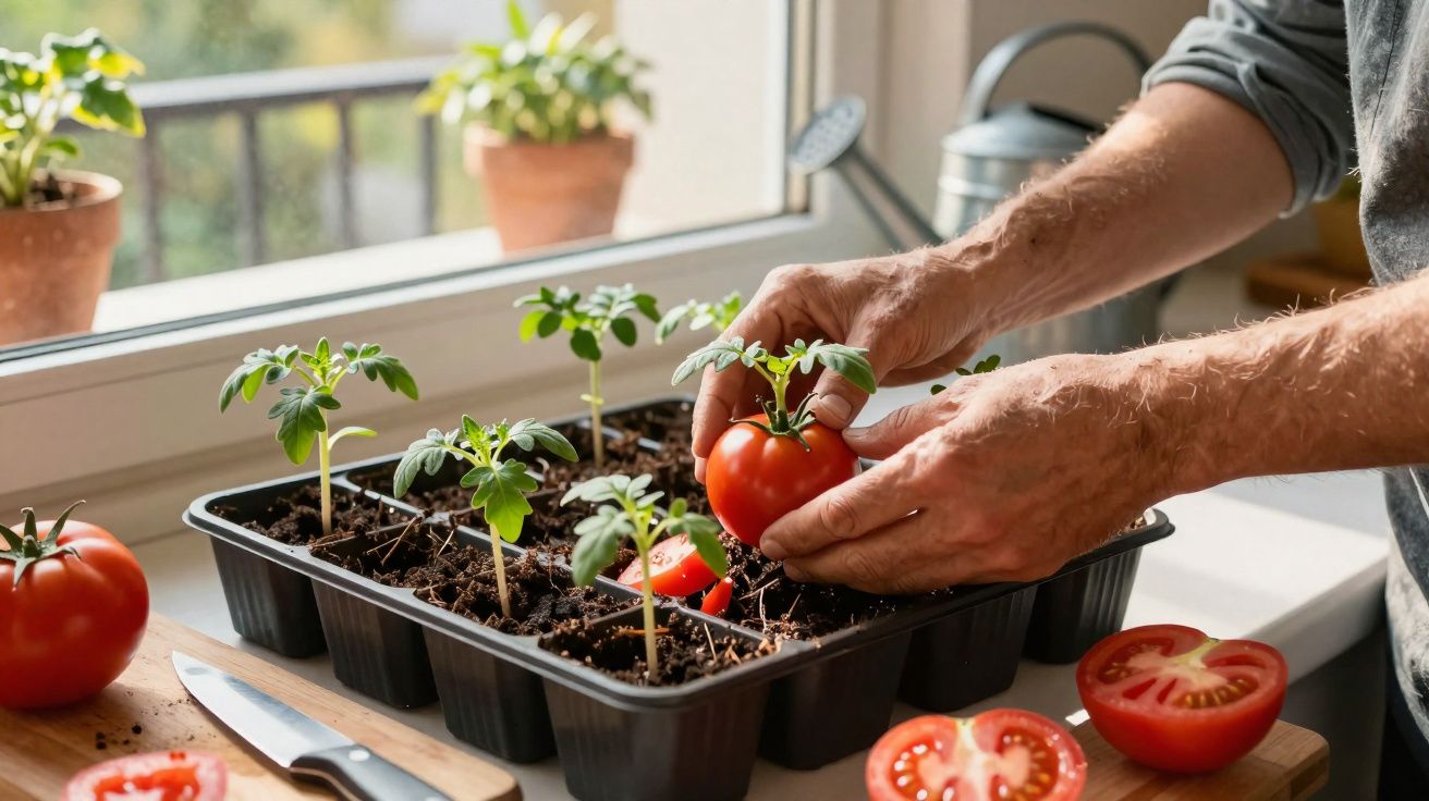 Manos adultas recolectando un tomate de plántulas en bandeja junto a ventana soleada con más tomates cortados.