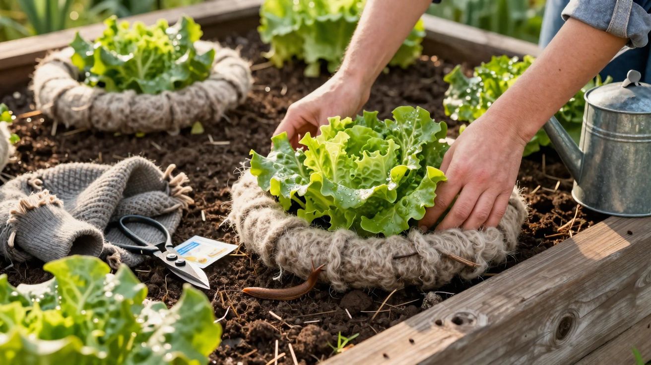Manos plantando lechuga en un huerto ecológico con herramientas y regadera al lado.