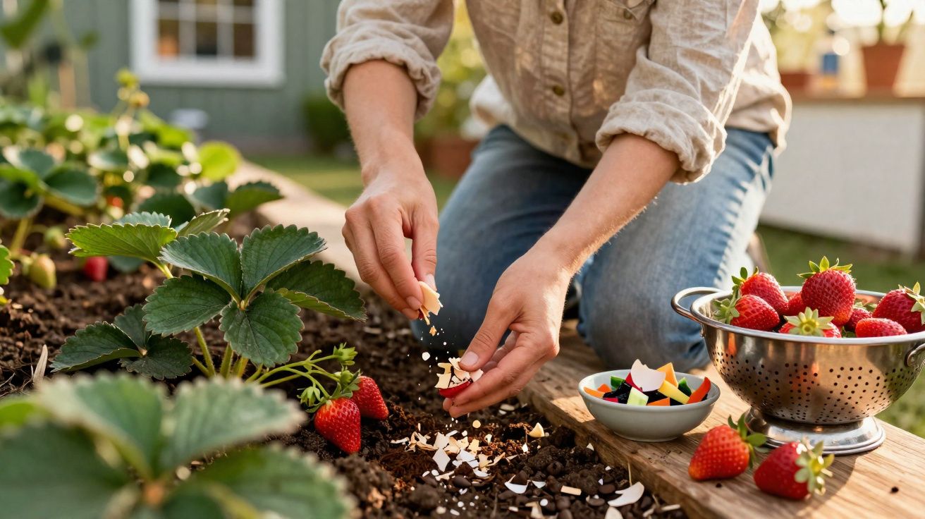 Manos rompiendo cáscaras de huevo para abonar plantas de fresas en un huerto casero al aire libre.