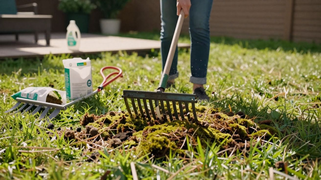 Persona usando un rastrillo para cuidar el césped, con fertilizantes y herramientas en el jardín.