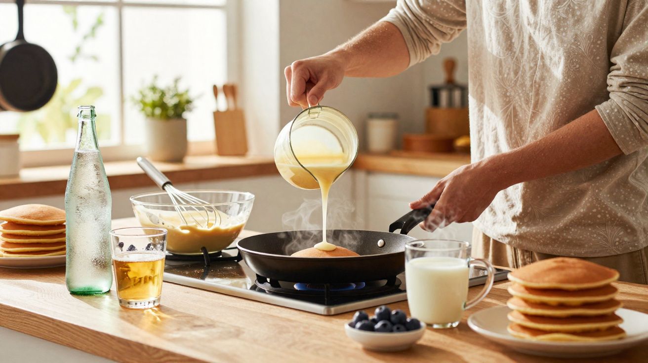 Persona vertiendo masa para pancakes en sartén con pilas de pancakes, arándanos y bebida sobre mesa de cocina.