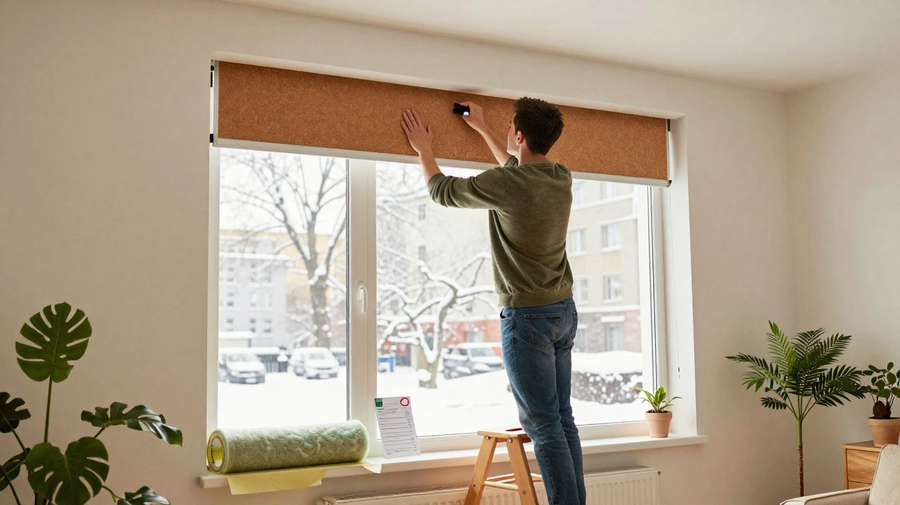 Hombre subido a un taburete instalando un estor en una ventana grande con vista a la nieve.