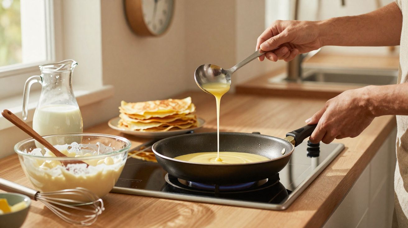 Persona vertiendo masa para crepes en sartén sobre cocina mientras prepara crepes en cocina luminosa.