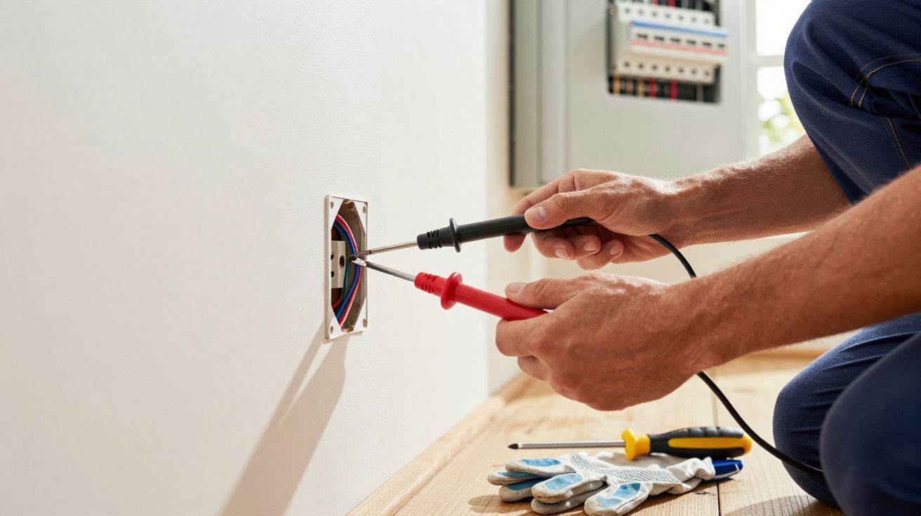 Manos de electricista comprobando cables eléctricos con tester en una caja de enchufe en pared blanca.