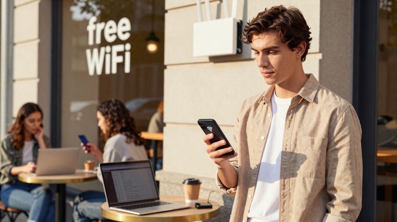 Joven usando un móvil frente a una cafetería con señal de Free WiFi y personas trabajando en portátiles.