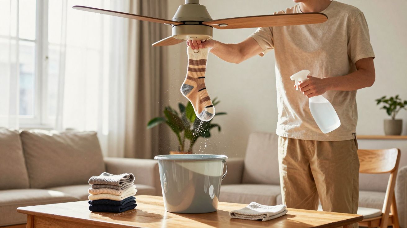 Persona secando un calcetín colgado en el ventilador de techo con un spray y un cubo sobre la mesa.