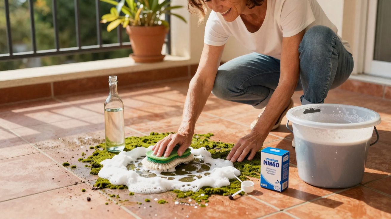 Mujer limpiando un suelo de terraza con fregona, detergente, bicarbonato y balde con espuma.