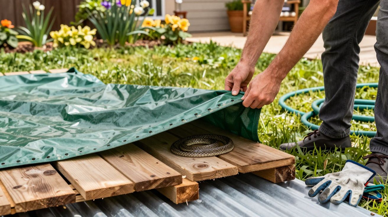Persona levantando una lona verde que cubre una serpiente en una tarima de madera en el jardín.