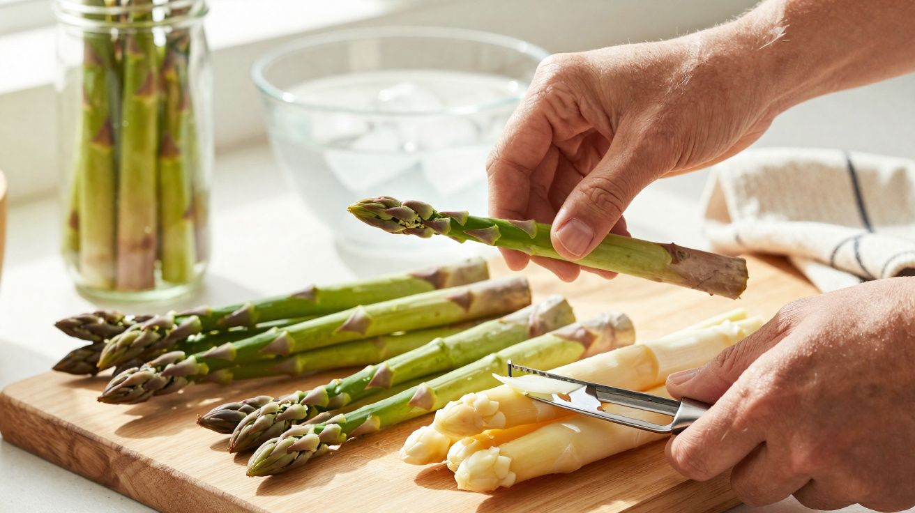 Manos pelando espárragos blancos sobre tabla de madera junto a espárragos verdes frescos.