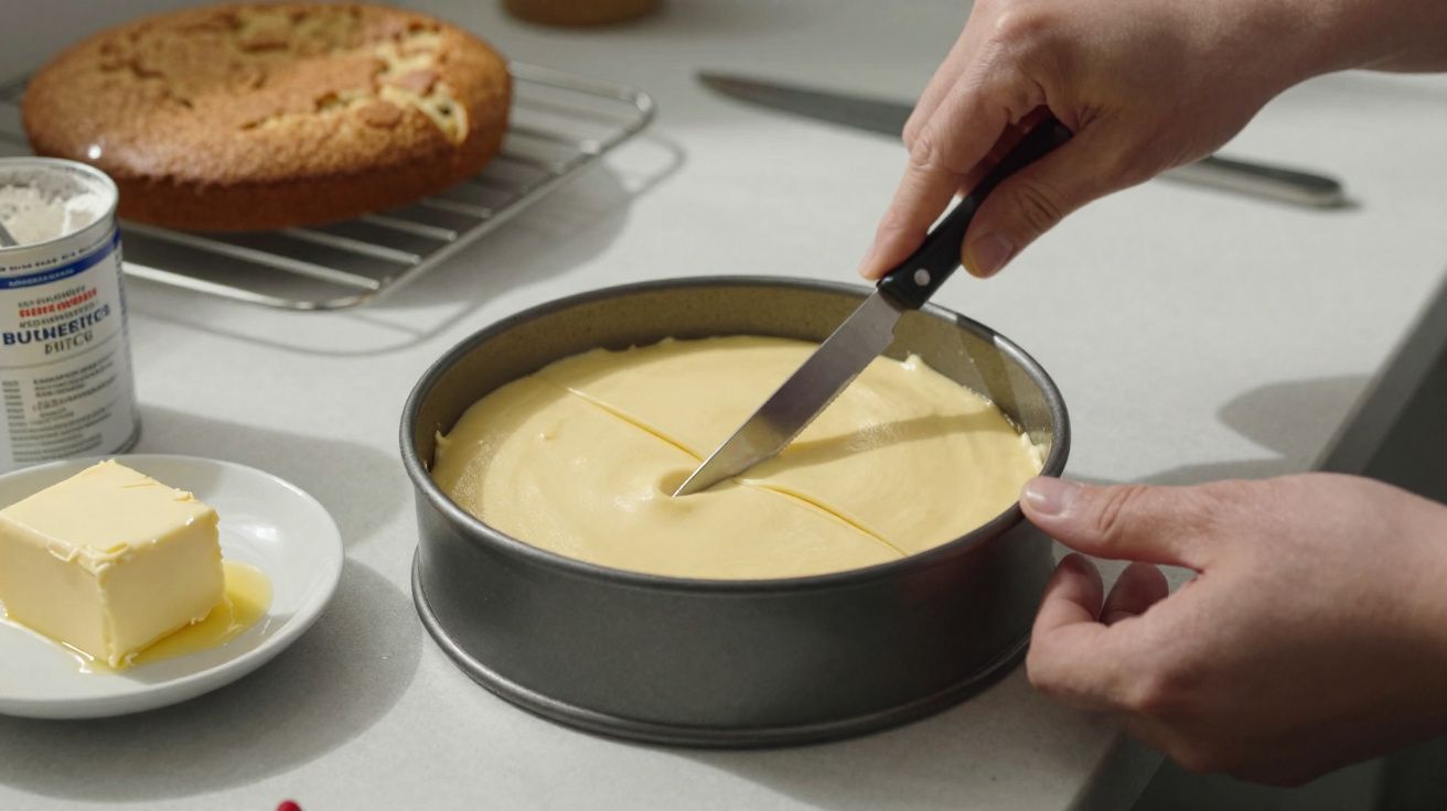 Manos cortando un bizcocho en un molde redondo sobre una mesa con mantequilla y otro bizcocho al fondo.