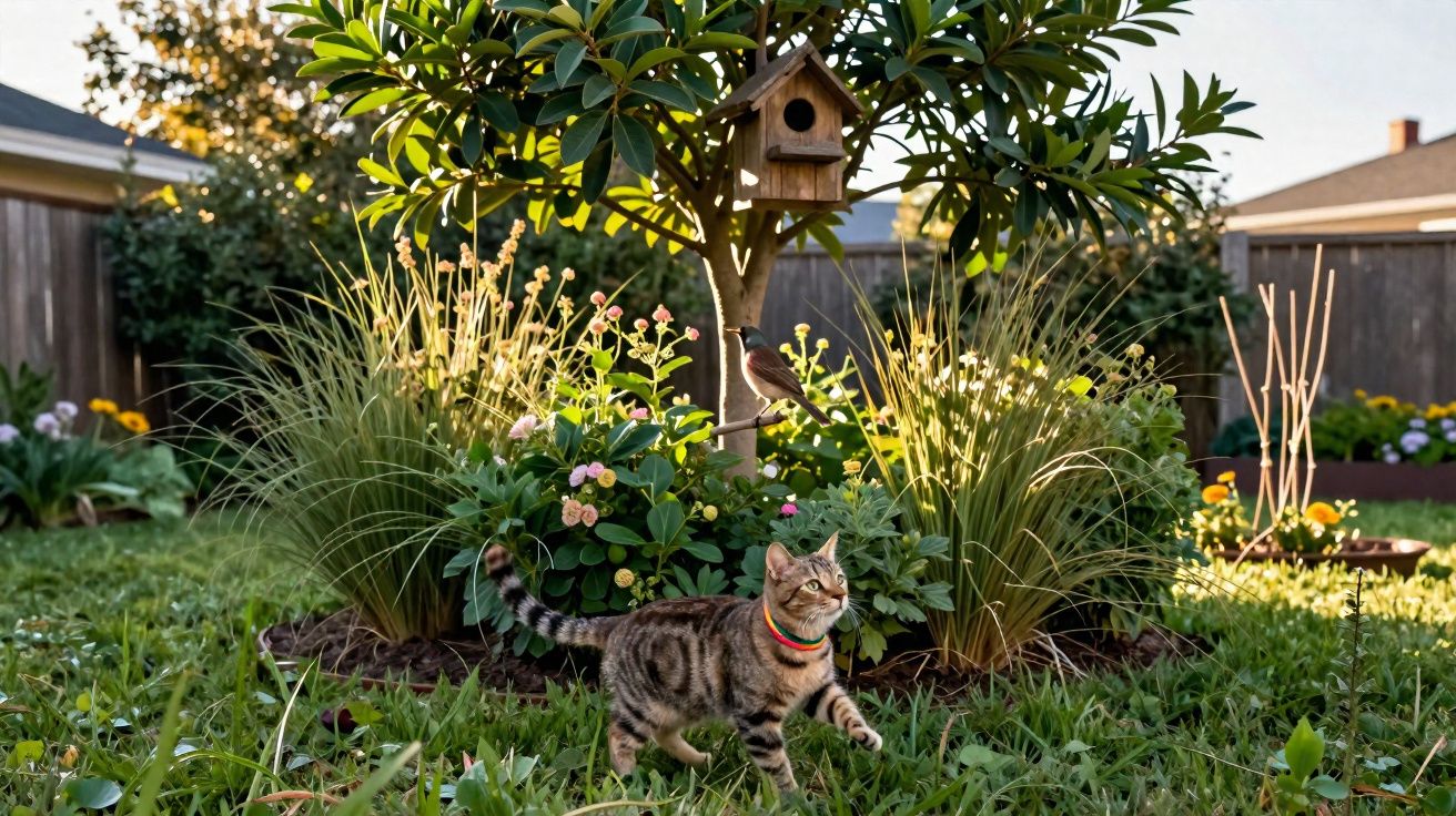 Gato con collar colorido paseando cerca de un árbol con casa de pájaros y flores en jardín al atardecer.