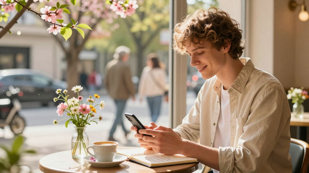 Joven sonriente sentado en una cafetería con móvil, libro abierto y taza de café, al lado de una ventana.