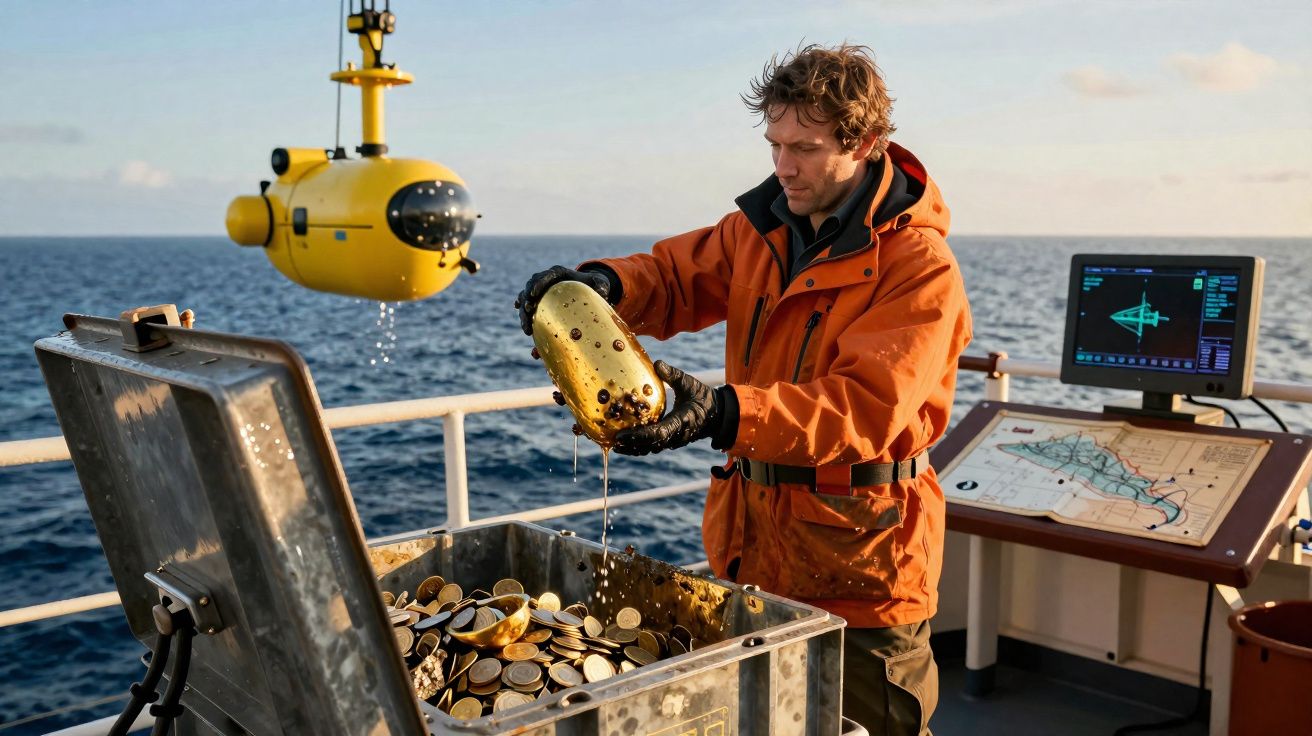 Investigador en barco examina objetos marinos recogidos en un contenedor junto a un robot submarino amarillo.
